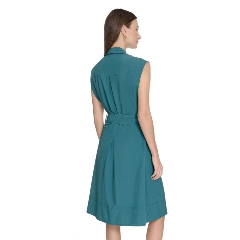 Andrew Marc Women’s Green Solid Sleeveless Button-Front Belted Shirt Dress Sz 12 - Picture 8 of 10